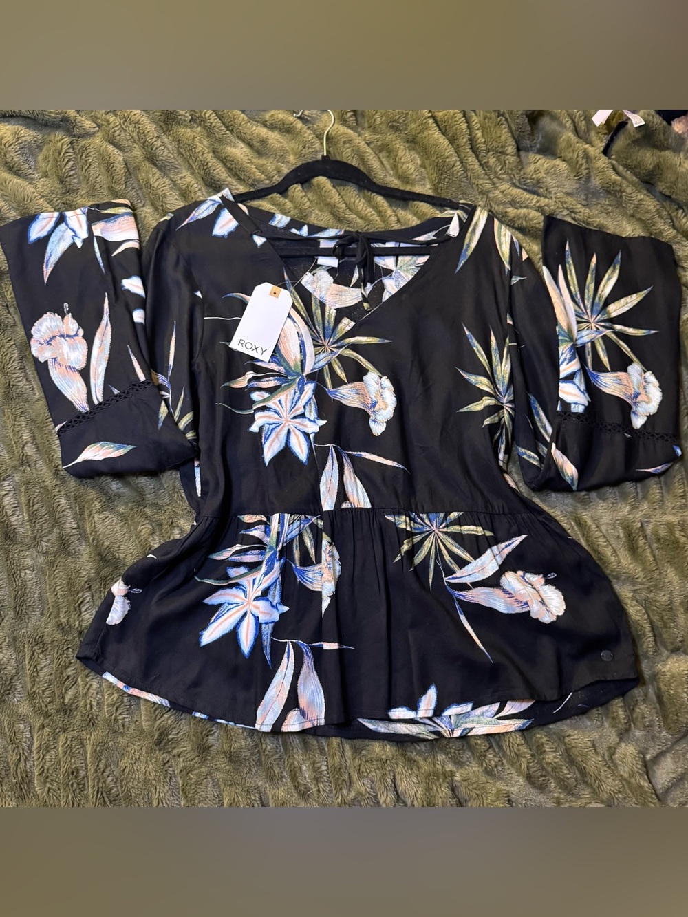 Roxy Black Floral Peplum Tunic with Pale Blue & Pink Floral Pattern